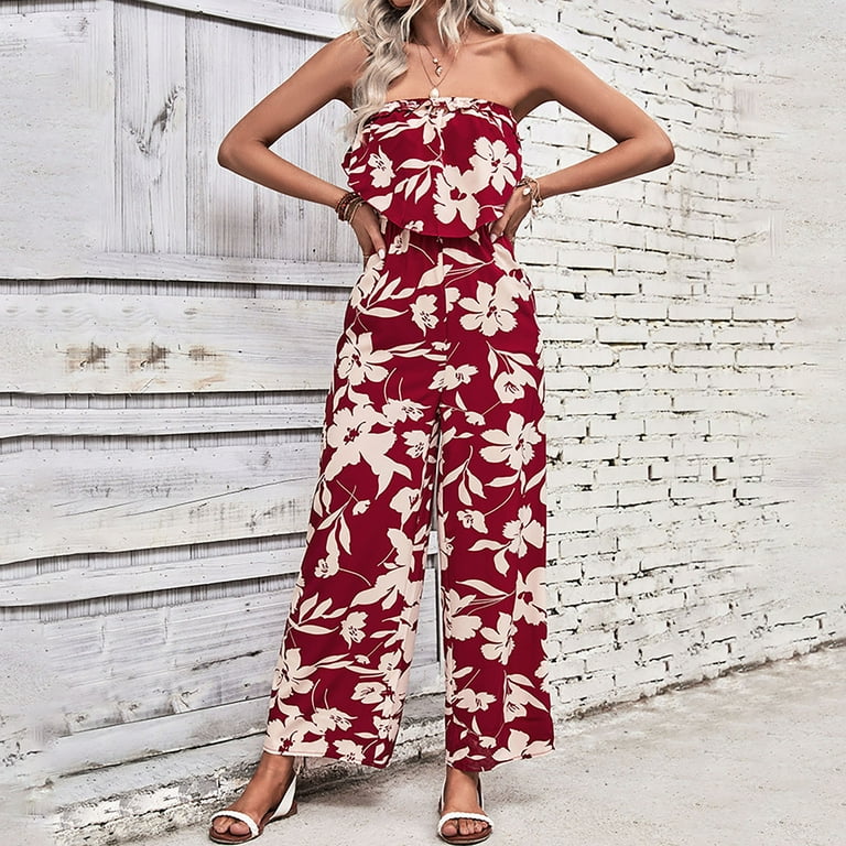 DVKOVI Sleeves Jumpers for Women Women Summer Sexy Sleeveless Fashion Floral Prints Jumpsuit Waist Bandeau Top Jumpsuit Strapless Romper XL Red Walmart