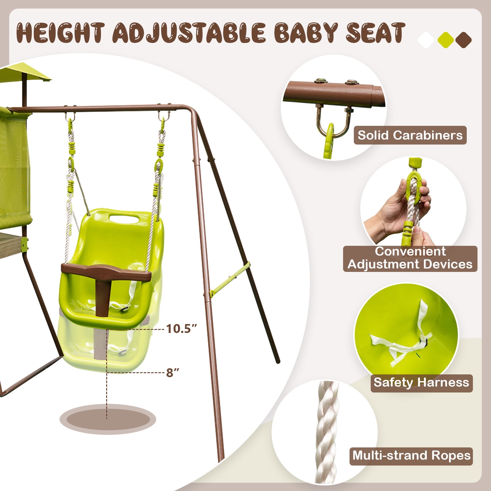 Infans 4-in-1 Swing Set w/ Covered Playhouse Fort Height Adjustable Baby Seat Slide