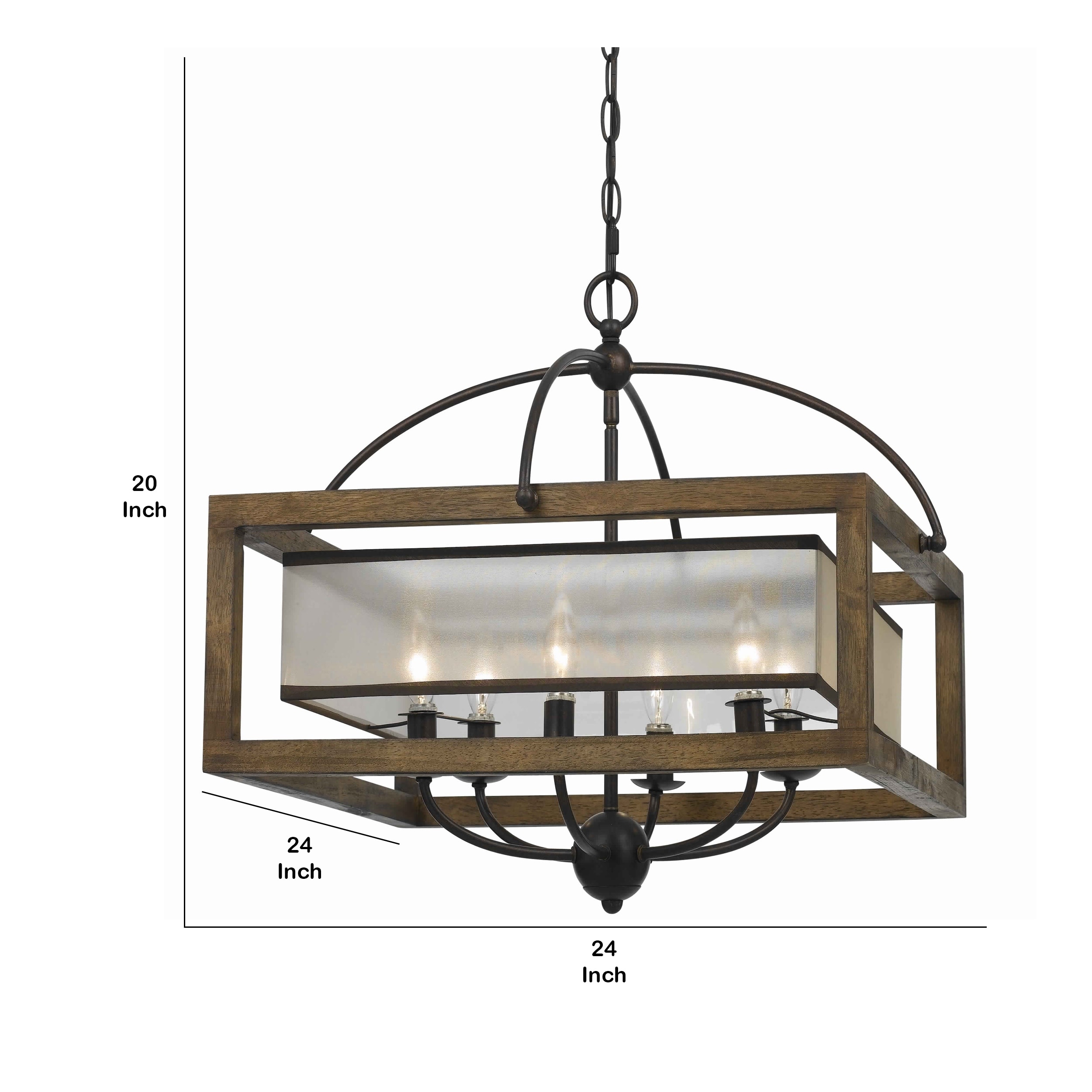 6 Bulb Square Chandelier with Wooden Frame and Organza Striped Shade, Brown - image 5 of 5