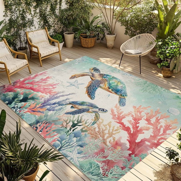 Coastal Turtle Outdoor Rug 6x9 Ft - Reversible Patio Rug Outdoor Camping Rugs, Farmhouse Nautical Coral Starfish Seashells Indoor Outdoor Area Rugs, Non-Slip Outdoor Carpet Runner for Deck/Porch