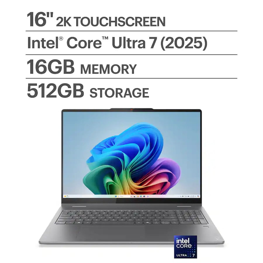 Lenovo Yoga 7i 2-in-1 16" 2K Touchscreen Laptop - Intel Core Ultra 7 256V, 16GB RAM, 512GB SSD, Intel Arc 140V GPU, Windows 11 Home, Luna Grey