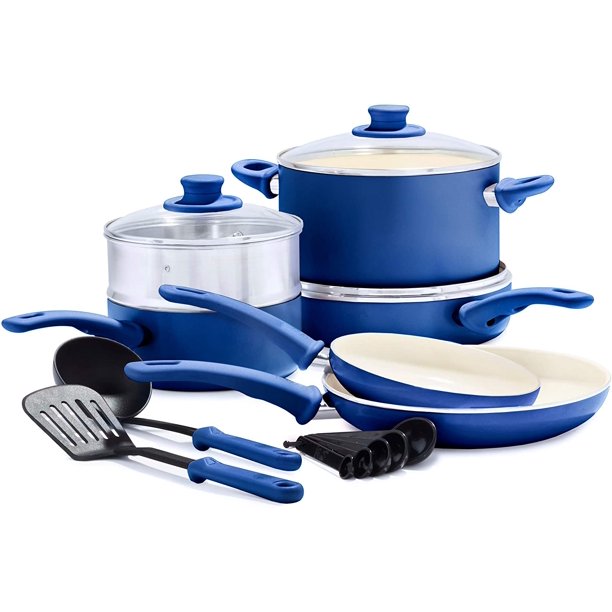 GreenLife Soft Grip Healthy Ceramic Nonstick Blue Cookware Pots and Pans Set, 12Piece Walmart