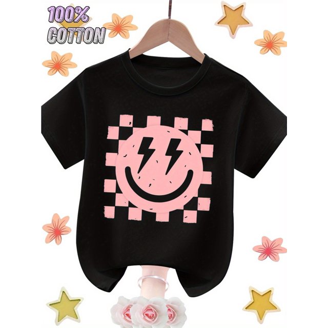 Kids' Cotton T-Shirt with Playful Lightning Bolt & Checkered Design - Breathable, Comfortable, Casual Round Neck Short Sleeve Top for Girls, Summer Wear