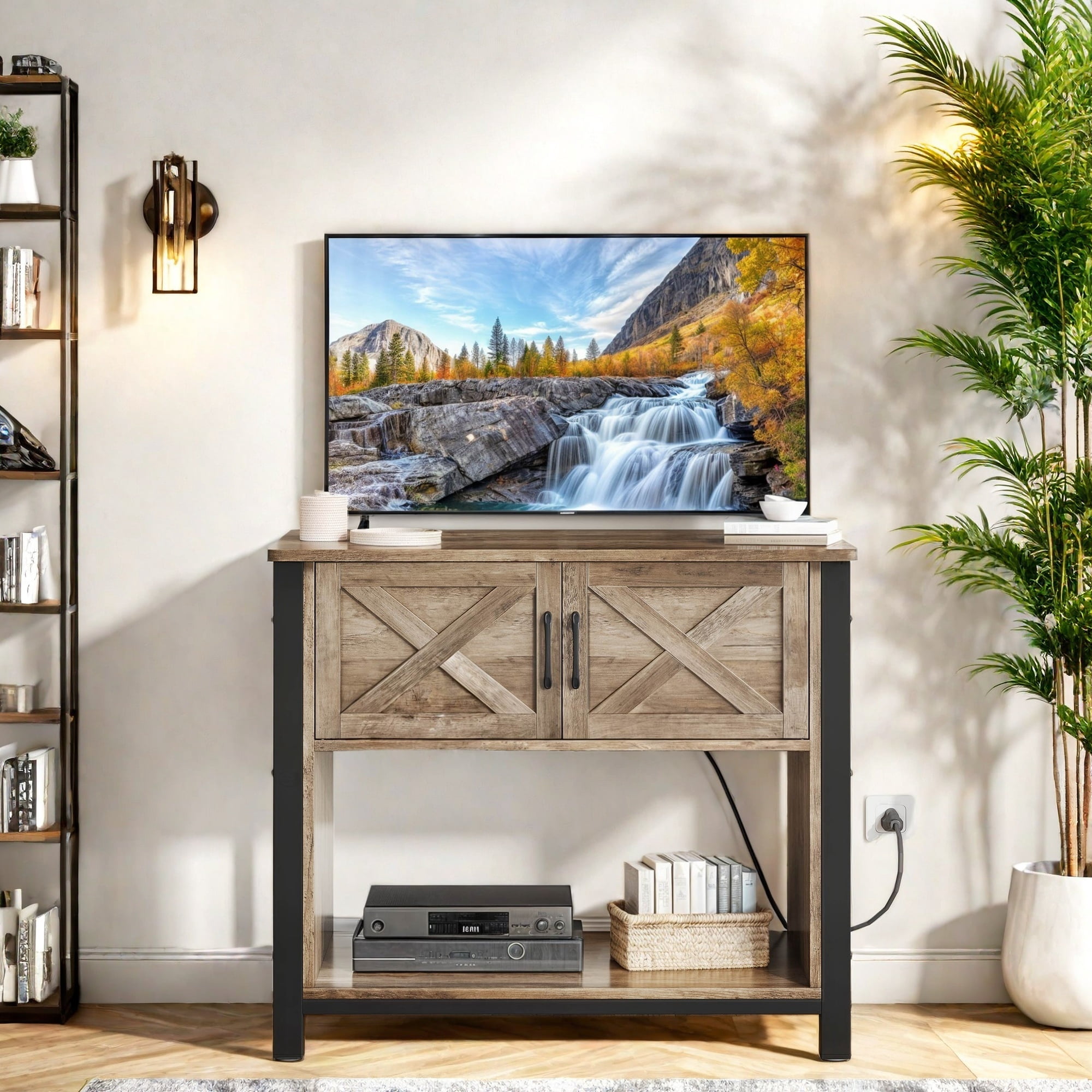 Uforic 40-Inch Farmhouse TV Stand with Power Outlet,Storage Cabinet,TV Cabinet for Living Room - Brown