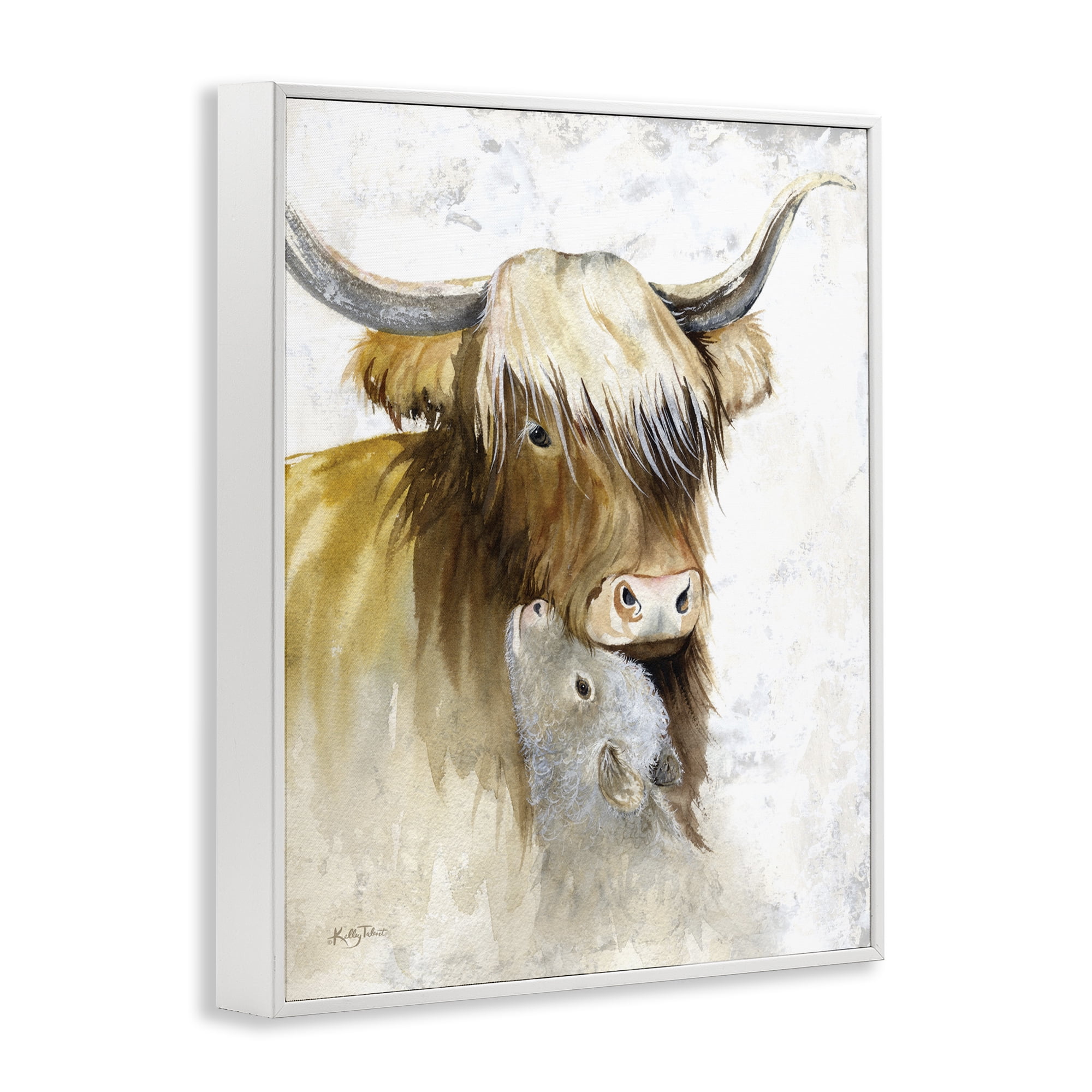Stupell Industries Neutral Longhorn & Calf Animals & Insects Painting White Framed Art Print Wall Art, 24 x 30