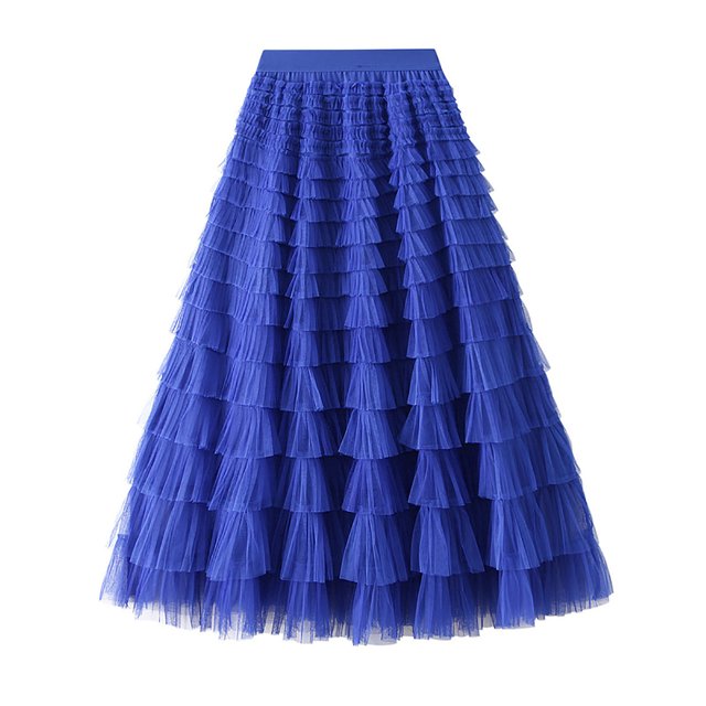 Miqool Womens A-Line Skirt Mesh Layered Hem Multilayer Tiered Puffy Ruffles Tulle Midi Skirt