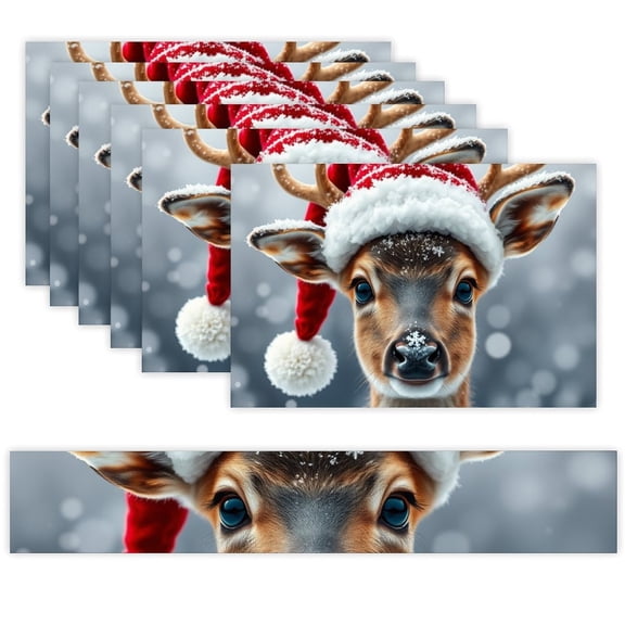 7 Piece Linen Table Runner and Placemats Set, Reindeer Santa Hat Round Corner Heat Resistant Washable Table Mats for Home Kitchen Dining Party Decoration