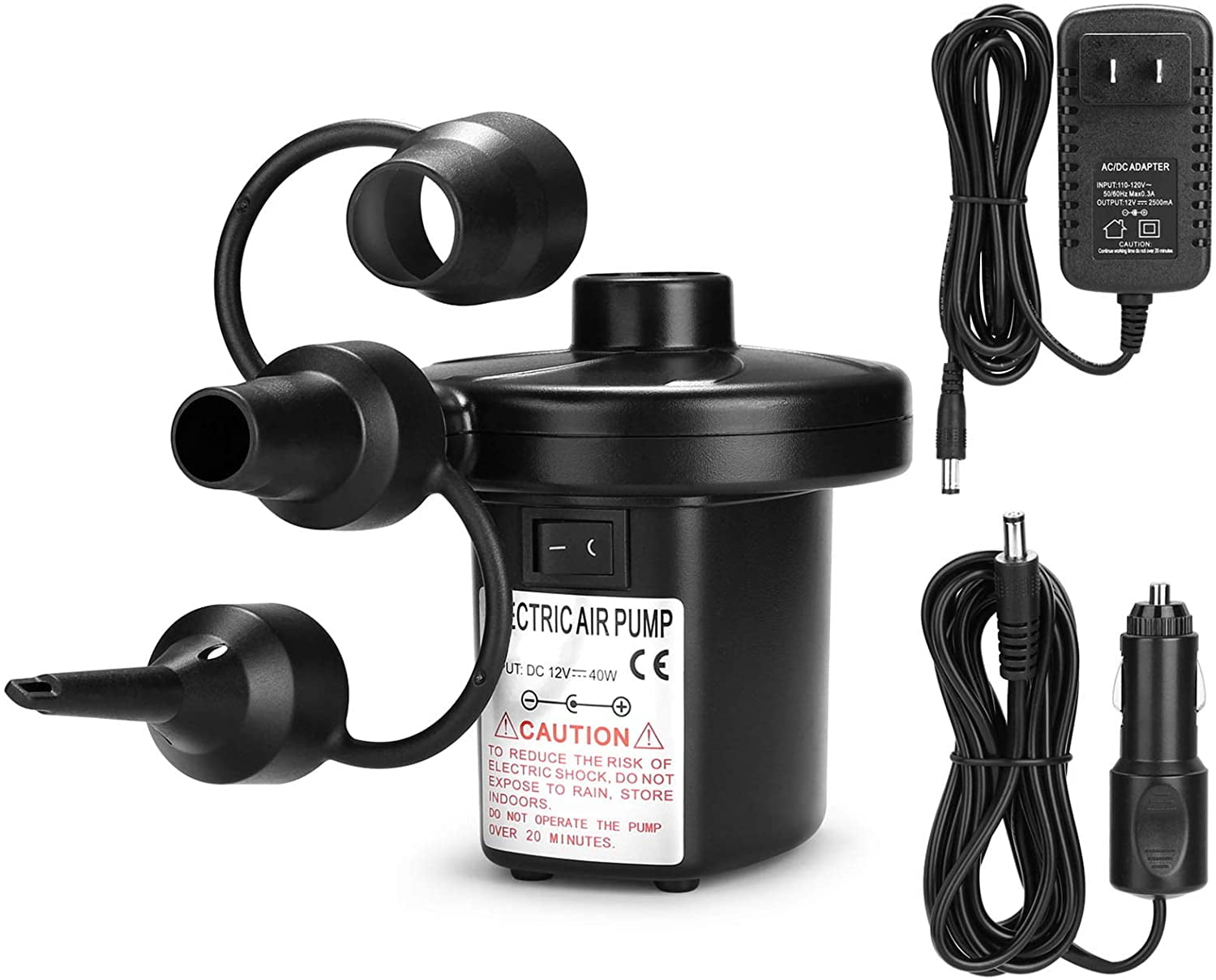 Raft Boat Black 110V AC / 12V DC Swimming Pool Car Charge Pump Quick-Fill Air Mattress Pump with 3 Nozzles Perfect Inflator/Deflator Pumps for Camping Inflatables Air Bed Electric Air Pump Toy 