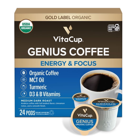 VitaCup Organic Genius Keto Coffee Pods, Increase Energy & Focus w/MCT Oil, Turmeric, B Vitamins, D3, Medium Dark Roast, Bold, Smooth, Single Serve Pod Compatible w/Keurig K-Cup Brewers, 24 Ct