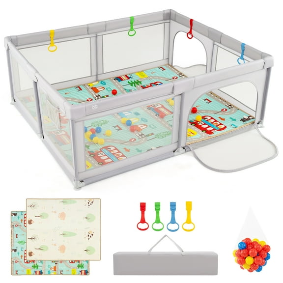 Gymax Large Baby Playpen w/ Mat Baby Play Yard w/ Pull Rings & Ocean Balls Play Area
