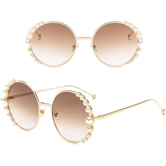 Pearl Sunglasses Women Metal Frame Round Sunglasses Mirror Pearl Sun Glasses UV400