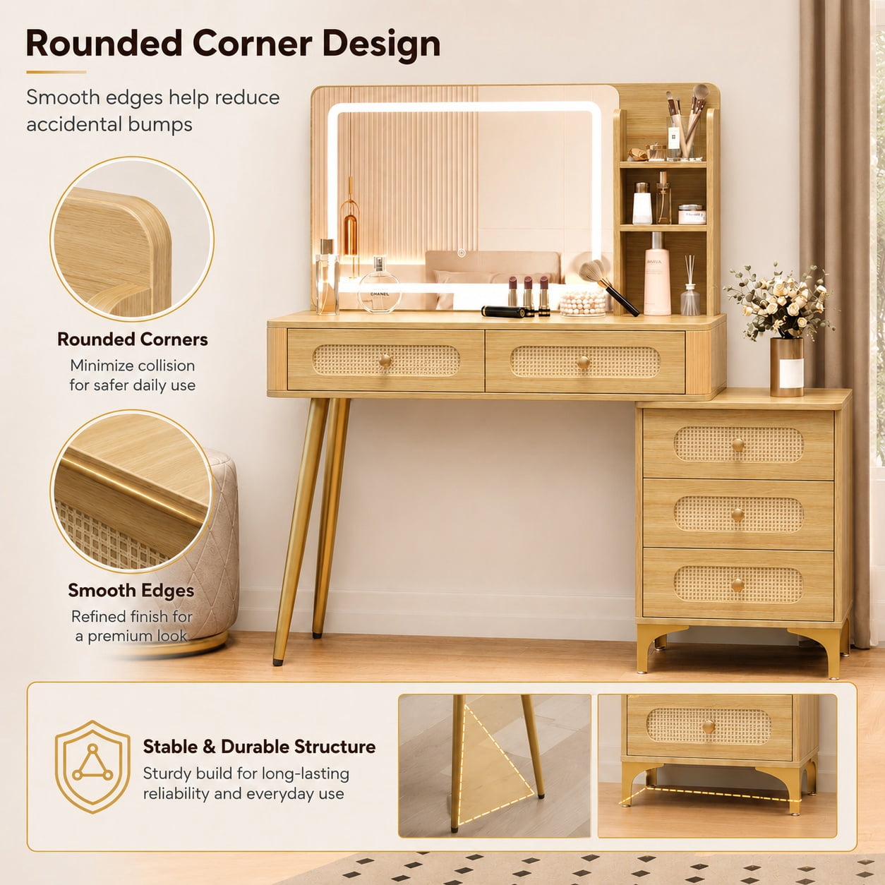 Aukfa 47.2" Rattan Makeup Vanity Desk with Lighted Mirror, Vintage Wood Vanity Table with 5 Drawers & Shelves, Gold Metal Legs, Natural