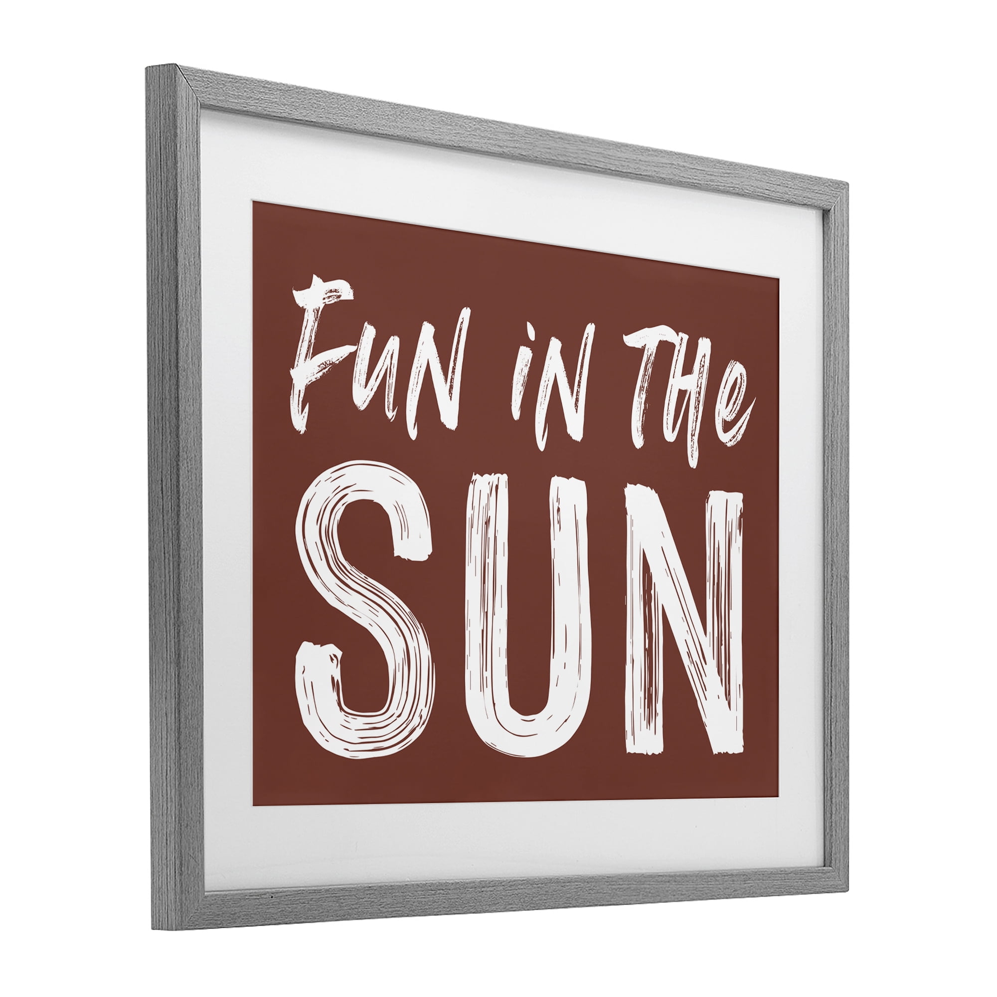 Fun In Sun Brown Sentiment Gray Framed Print Under Glass, design by Lettered and Lined