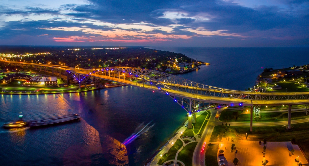 Blue Water Bridge at dusk Port Huron Michigan USA Poster Print by Panoramic Images Blue Water Bridge at dusk Port Huron Michigan USA Poster Print by Panoramic Images