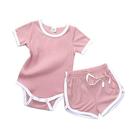 

Girl Clothes Set Baby Boys Girls Cotton Ribbed Summer Colour Block Short Sleeve Romper Bodysuit Shorts Sets Outfits Casual Fashion Clothing Set