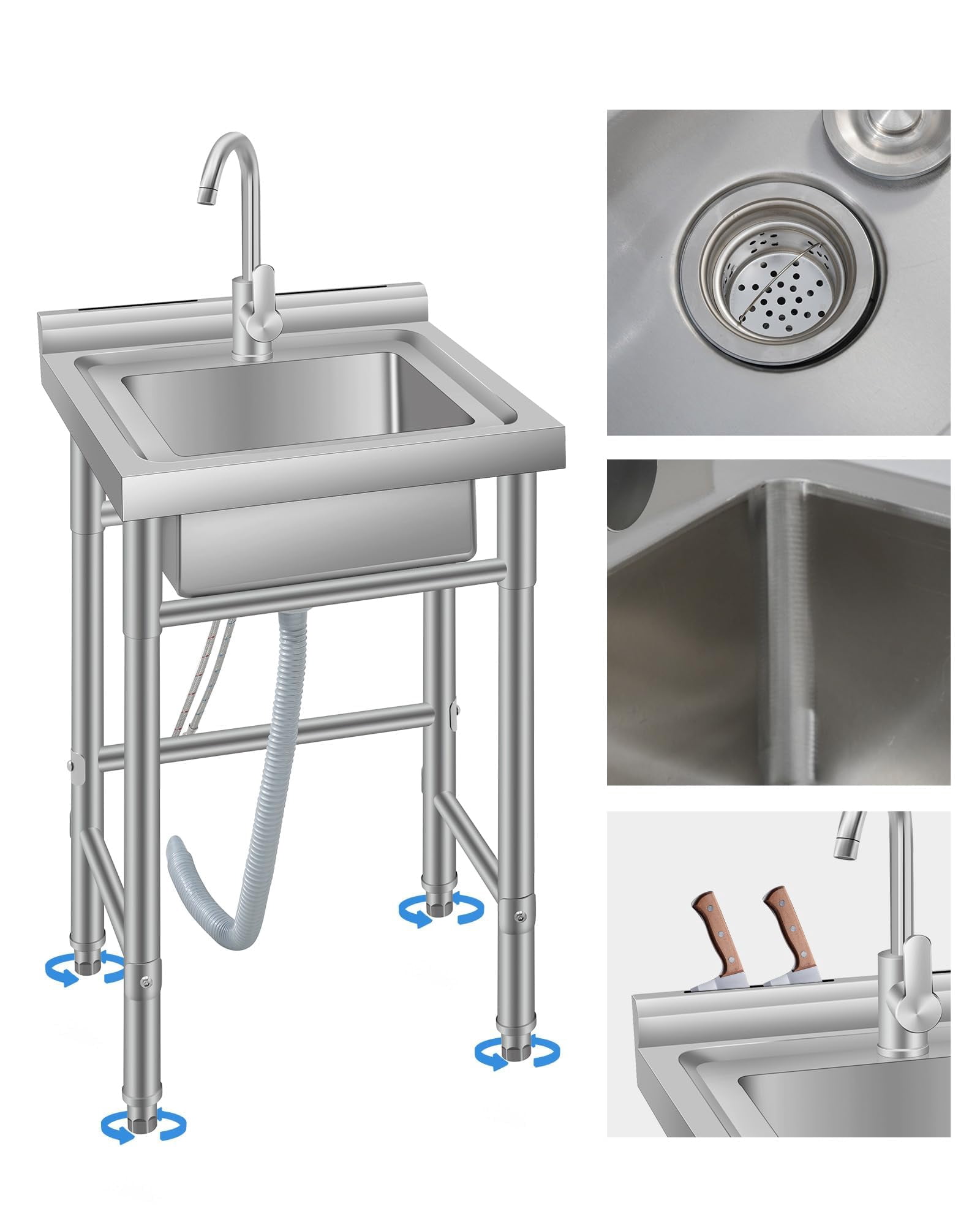 Accreate 18" FreeStanding Utility Sink with Cold and Hot Water Pipe, Single Bowl Stainless Steel Commercial Sink for Kitchen, Laundry