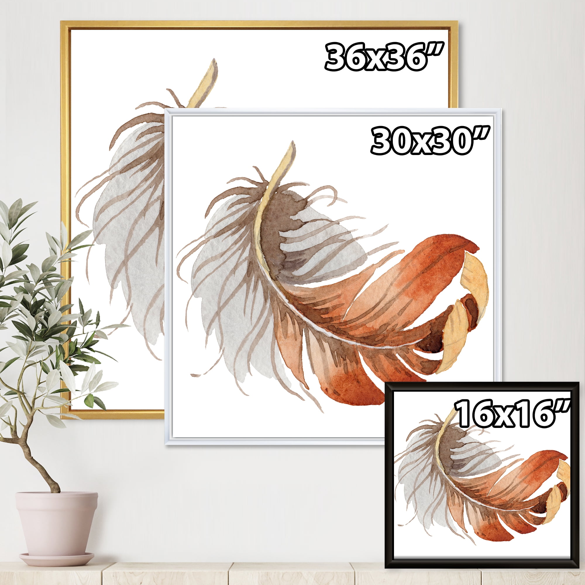Designart 'Orange Ethnic Bird Feather On White' Bohemian & Eclectic Framed Canvas Wall Art Print