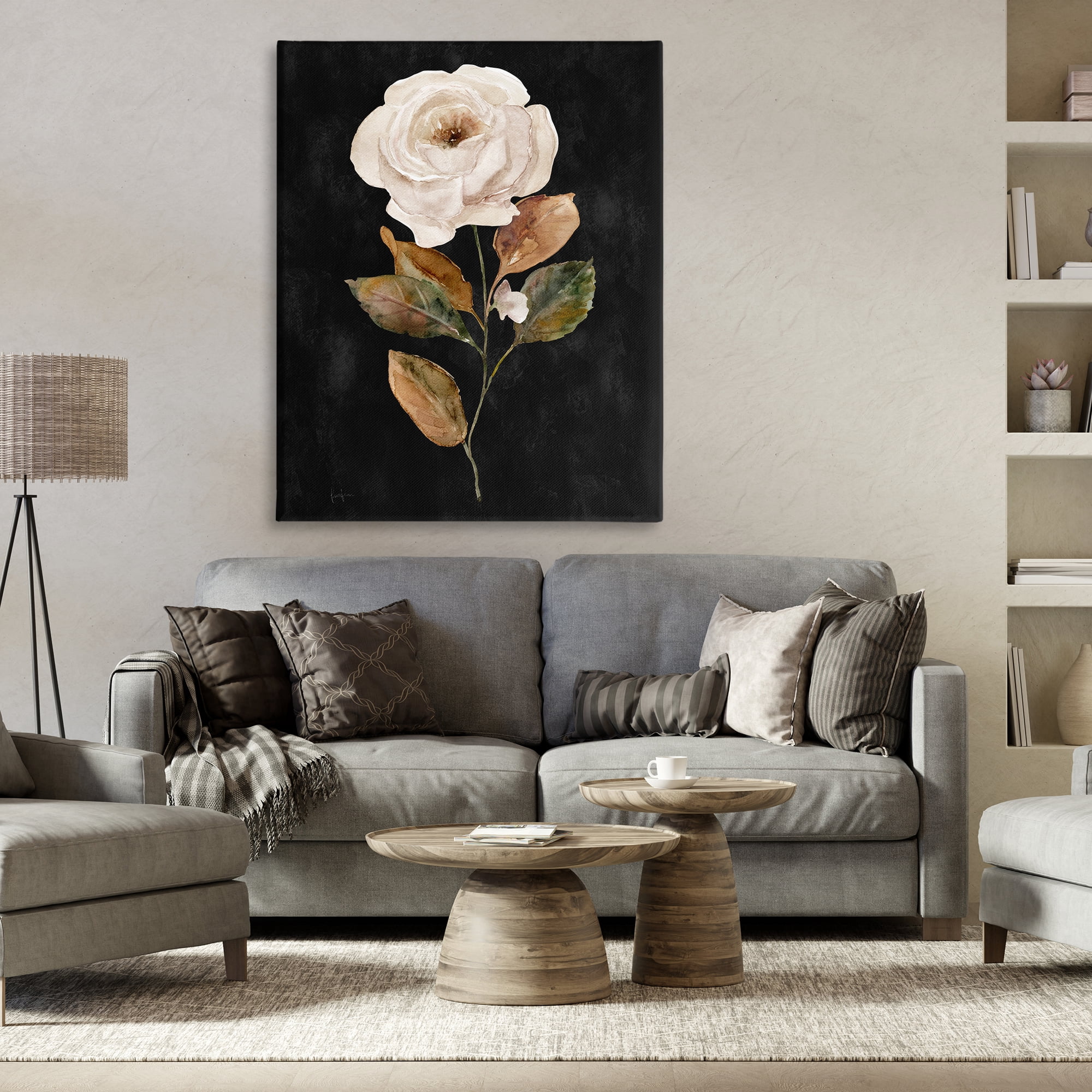 Stupell Industries White Rose on Black Plants & Flowers Painting Wrapped Canvas Art Print Wall Art, 36 x 48