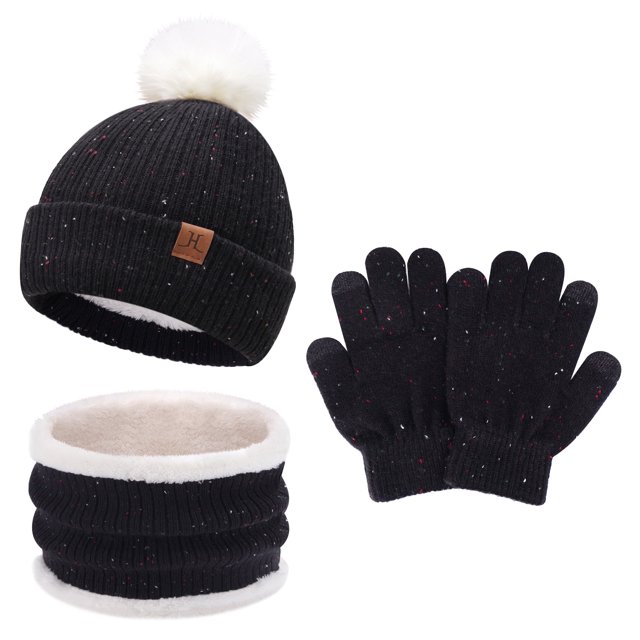FZ FANTASTIC ZONE Toddler Kids Winter Hats Touchscreen Gloves Scarfs Set Pompom Beanie Caps Neck Warmer with Fleece for 5-8 Years Old Baby Girls Boys Gifts, Gloves, Red