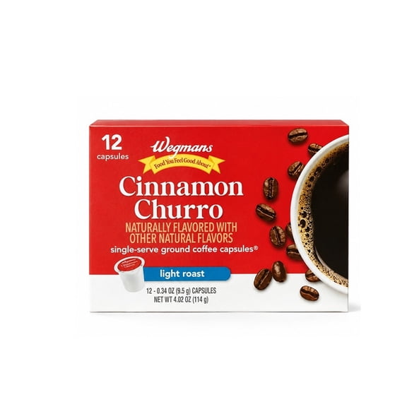 Wegmans Arabica Coffee Pods Light Roast Cinnamon Churro K-Cup Compatible 12 Single Serve Cups 4.02 oz