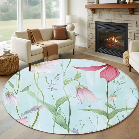 Round Rugs 5Ft, Blue Pink Green Floral Round Area Rug Washable Indoor Throw Carpet, Seasonal Botanical Blooms Soft Non Slip Circle Rug for Cabinet Bathroom Home Decor Aesthetic