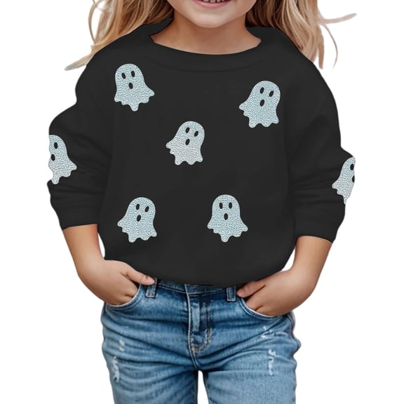Weebloom Halloween Crew Neck Sweatshirts Kids Cute Ghost Graphic Pullover Fall Winter Season Tops Boy Girl Party Sweatshirt Black