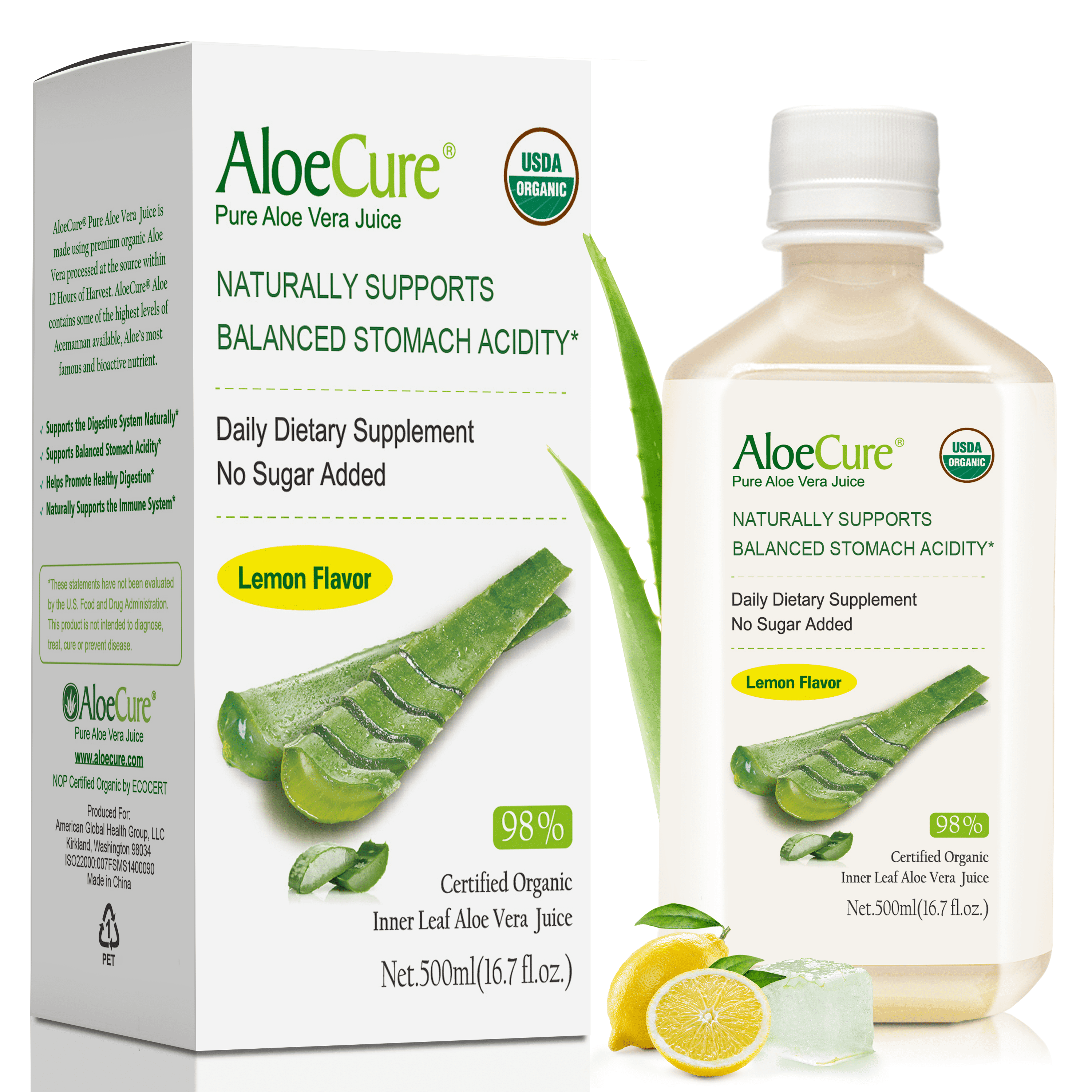 AloeCure Organic Pure Aloe Vera Juice Lemon Flavor Aloe Vera Drink Bottled Within 12 Hours of Harvest Natural Treatment for Acid Reflux GERD Natural Acid Buffer Pure Aloe Juice for