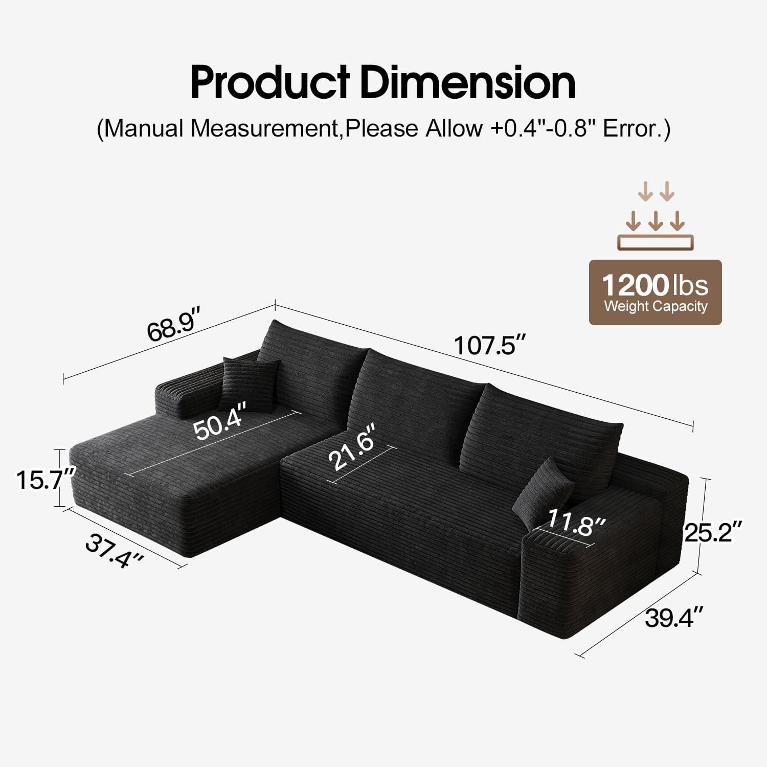 Sailvan 107" Cloud Sectional Couch, Cloudy Sofa with L-Shape Chaise, Upholstered Couches for Living Room & Bedroom, No Assembly Required, Plush Corduroy Fabric, Black