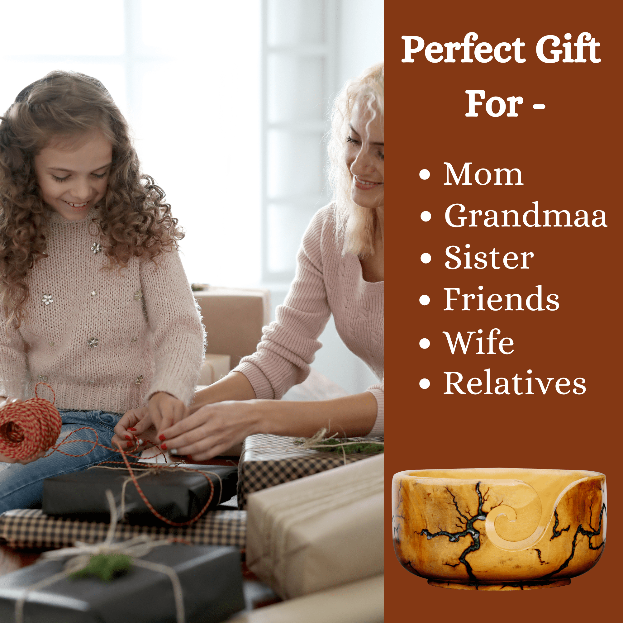 Handmade Wooden Large Yarn Bowl, Perfect Gift for Mother & Grandmother