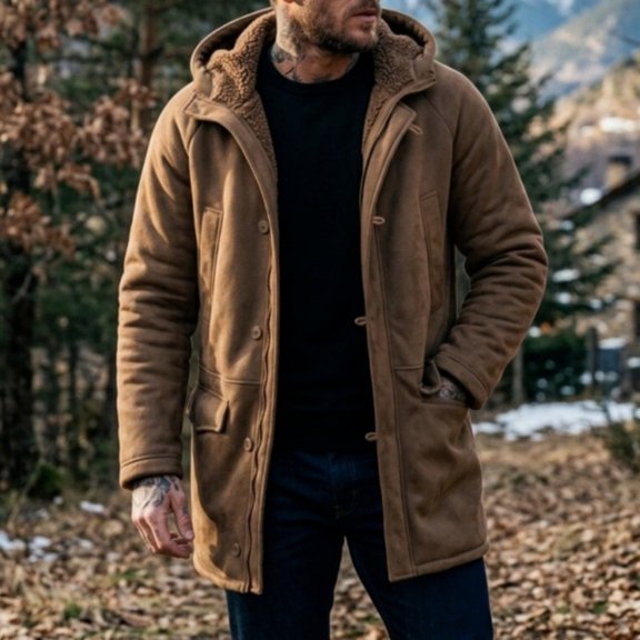 Men's Solid Hooded Faux Suede Mid Length Coat Sherpa Lined Cold Weather Jacket