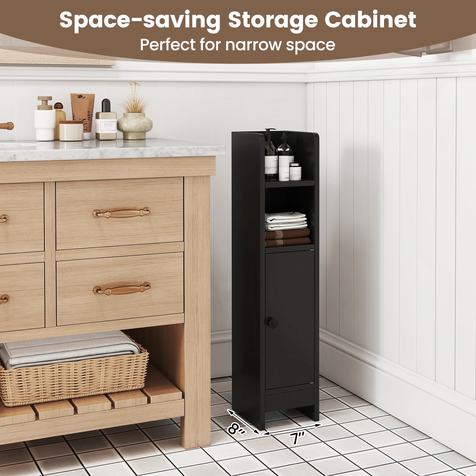 Giantex Slim Corner Bathroom Cabinet, Narrow Floor Cabinet w/ 3-Level Adjustable Shelf, Freestanding Storage Organizer, Black