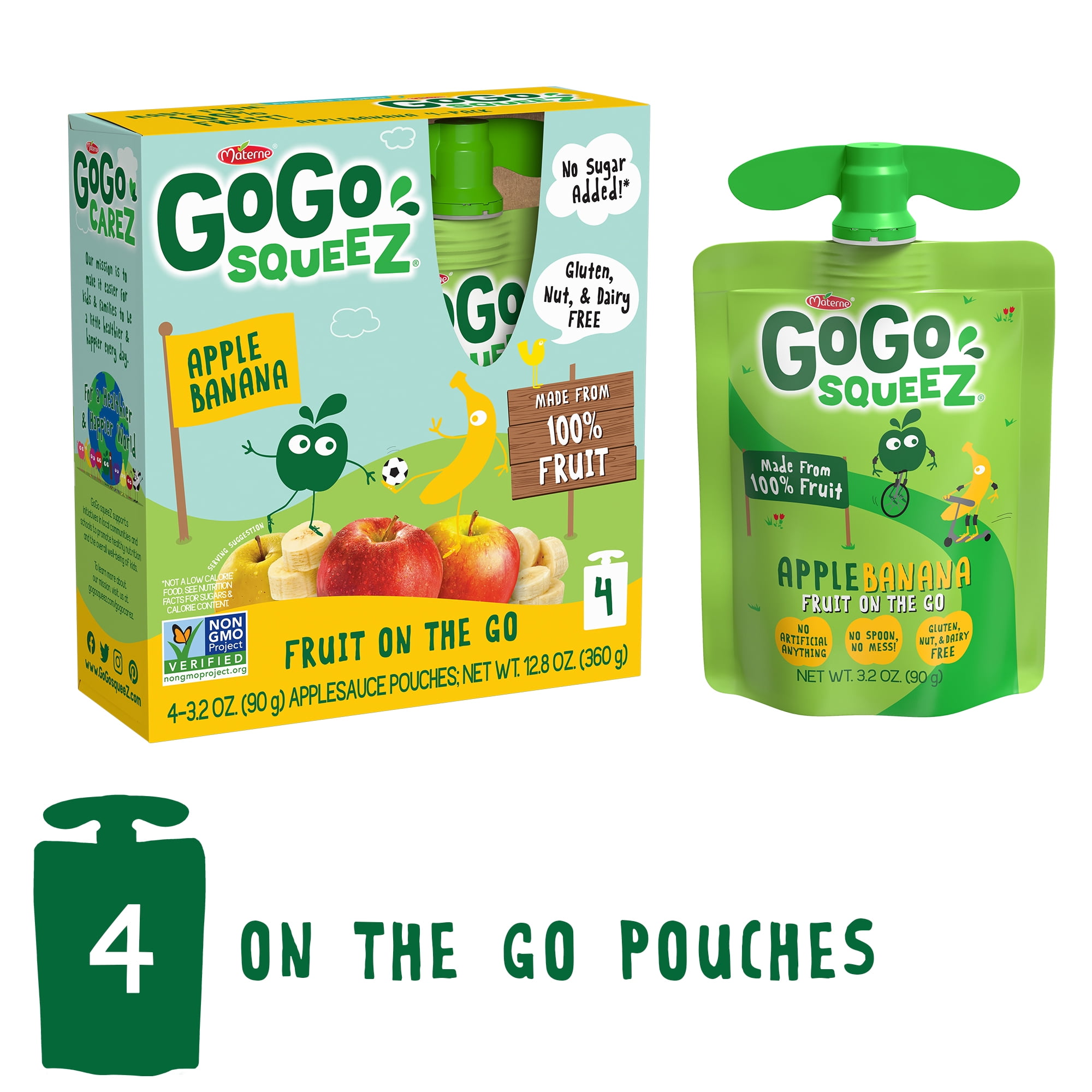 GoGo SqueeZ Fruit on the Go, Apple Banana, 3.2 oz Pouches, 4 Pack