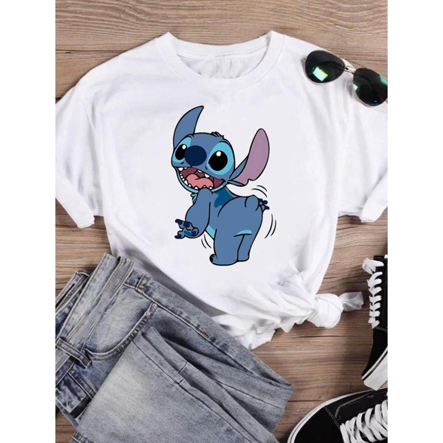 Disney Watercolor Lovely Style Short Sleeve Women Print Clothing Stitch Casual Tee Shirt Fashion Cartoon Graphic T-shirtsXL Gao Jinjia LED