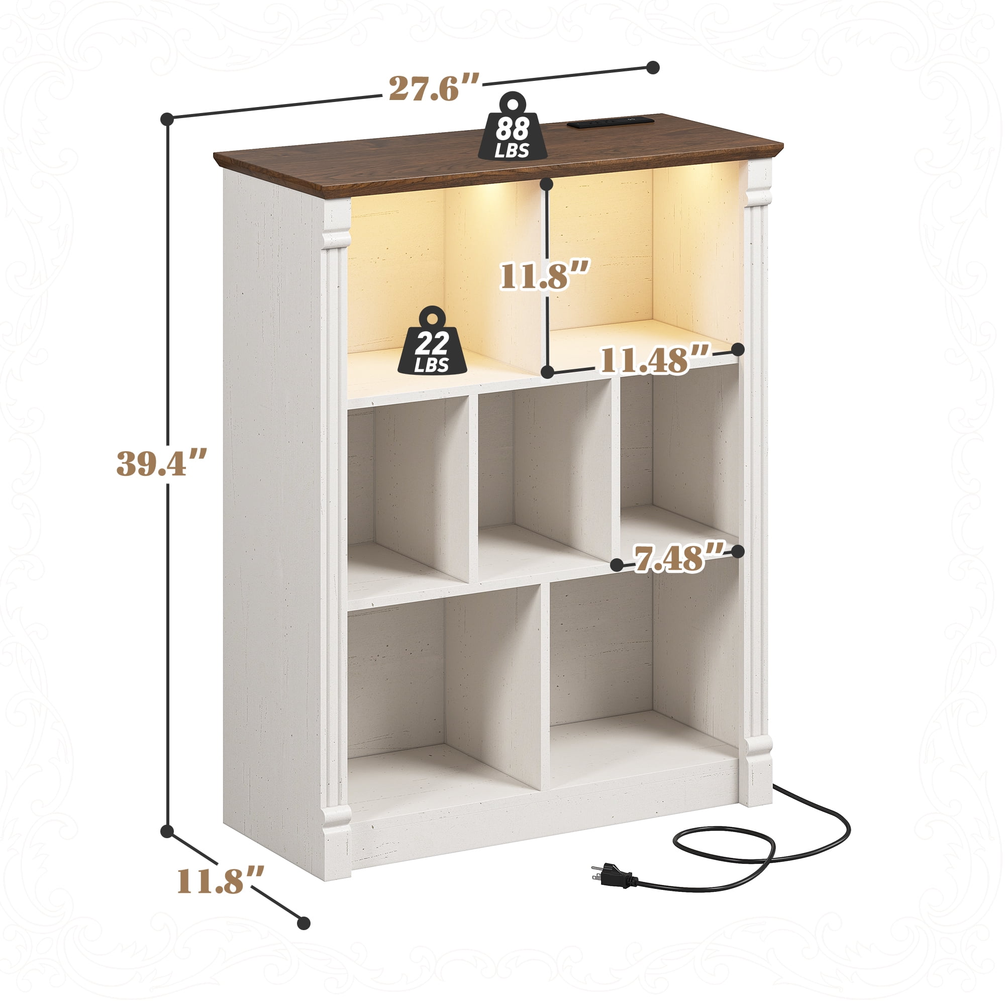 EnHomee 7 Cube Storage Organizer with LED Light and Charging Station,Wood Bookshelf for Living Room, Bedroom, Office，White