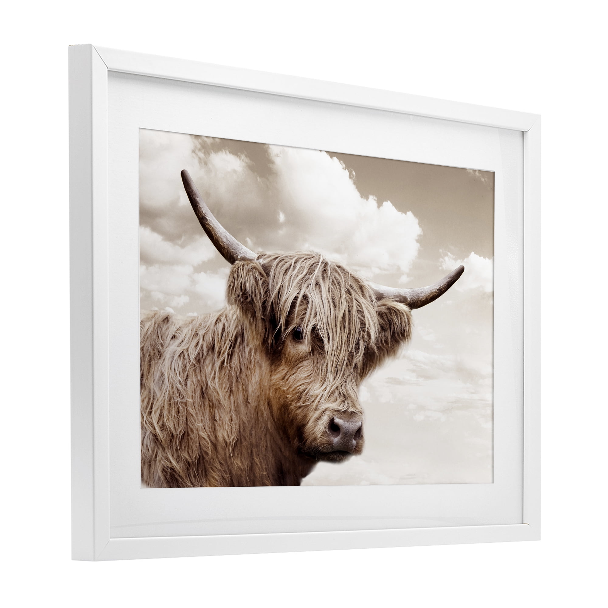 Stupell Industries Shaggy Highland Cow & Clouds White Framed Print Under Glass, design by CAD Designs
