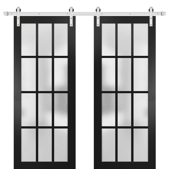 Sturdy Double Barn Door with Frosted Glass 12 Lites | Felicia 3312 Matte Black | 13FT Rail Hangers Heavy Set | Solid Panel Interior Doors-36" x 84" (2* 18x84)-Silver Rail