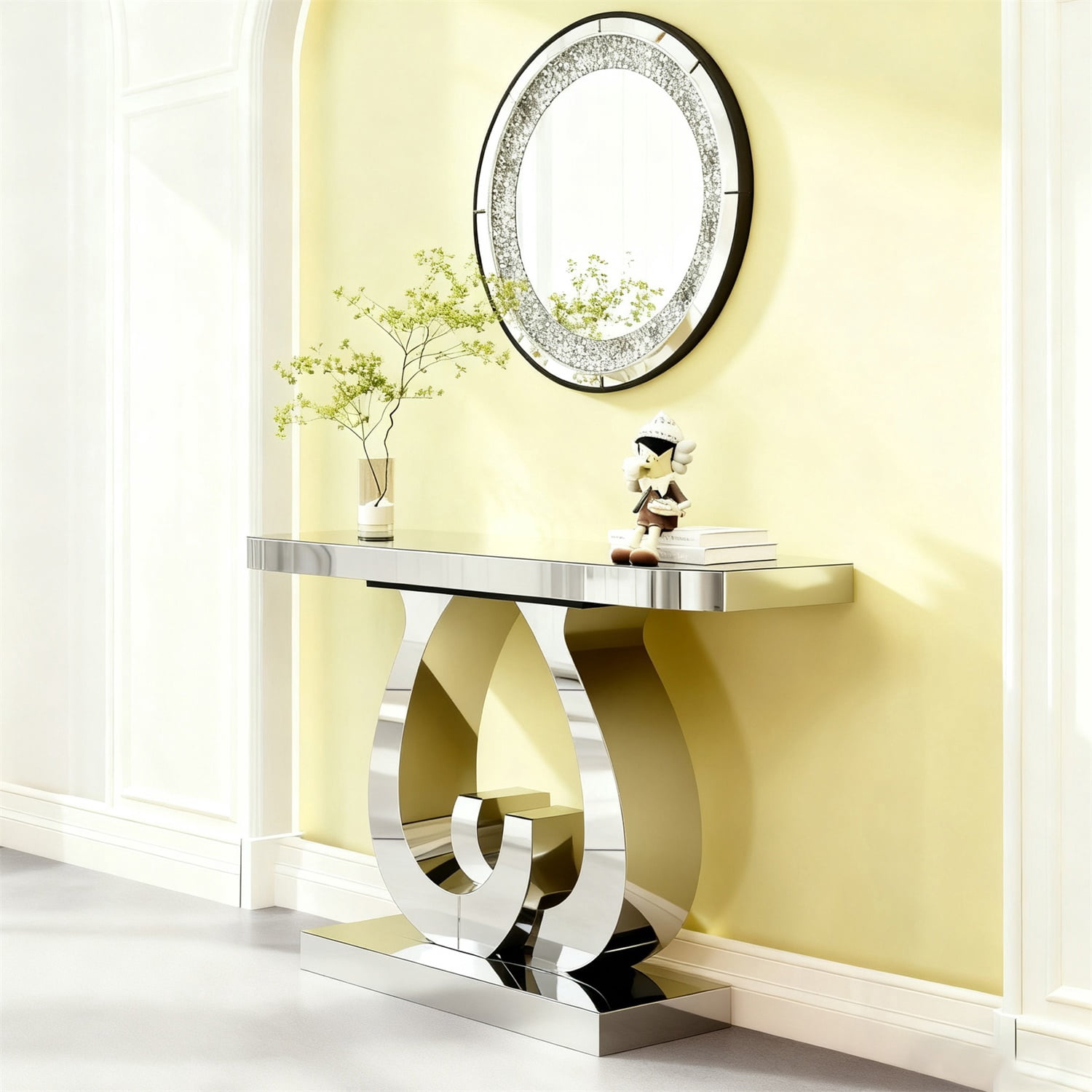 Hommoo Modern Mirror Side Table Glass Sofa Table with Mirror Effect and Double C-Shaped Base, Entrance Table Rectangular Decoration Hall Table for Living Room, Hallway, Silver