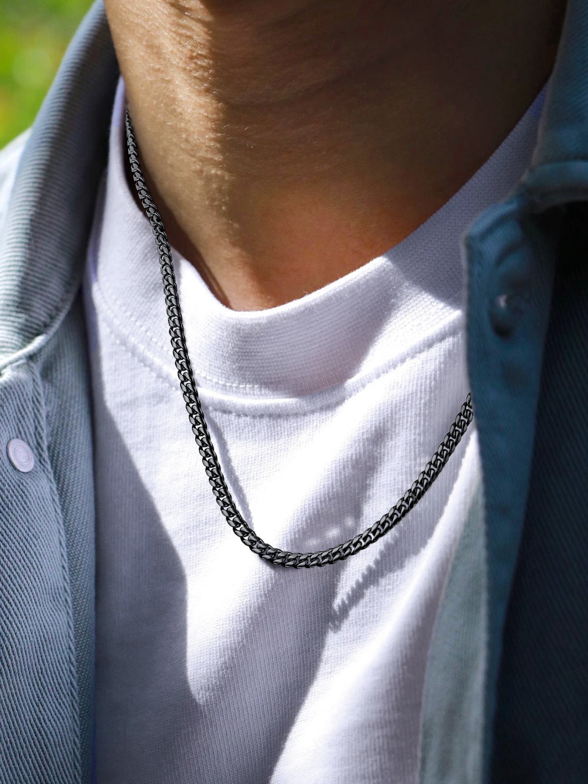 FaithHeart Chunky Miami Cuban Link Chain Necklace for Men Black Stainless Steel Hip Hop Chains Necklaces 6mm Width 30 Inches Length Jewelry with Gift Box for Dad Son Father's Day