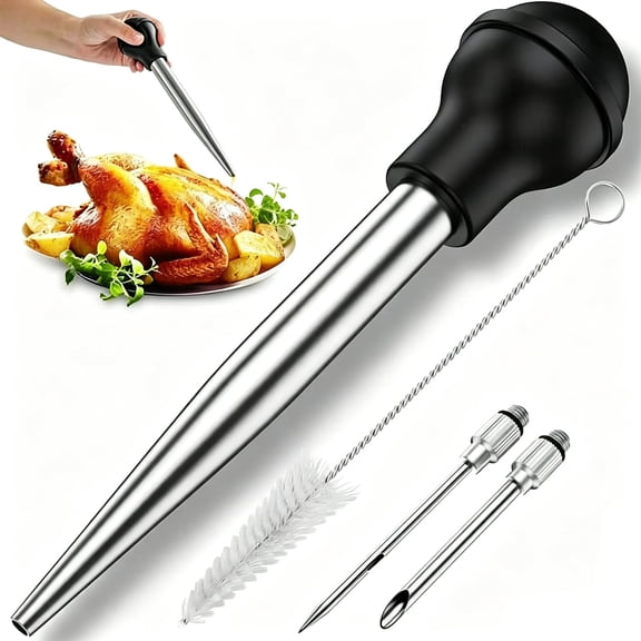 Turkey Baster Syringe, Stainless Steel Turkey Baster with Cleaning Brush Meat Marinade Injector with 2 Needles and Detachable Silicone Round Bulb Meat Baster for Cooking, Baking