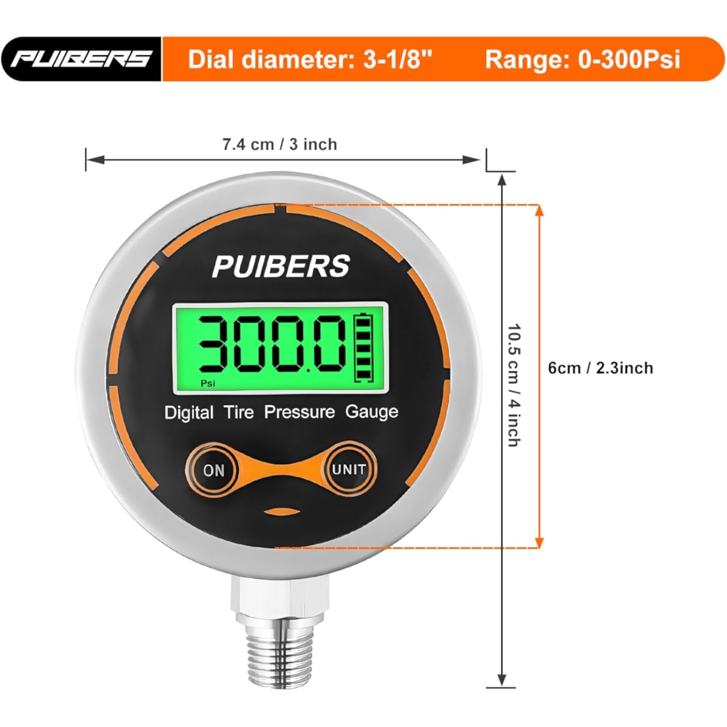 300 Psi Digital Water Pressure Gauge 1/4 NPT Lower Mount，Media Water, Air or Oil Pressure Gauge 304 Stainless ±0.25% Accuracy,Suitable for Home Water Pipe, HVAC,Air Pressure Measuring
