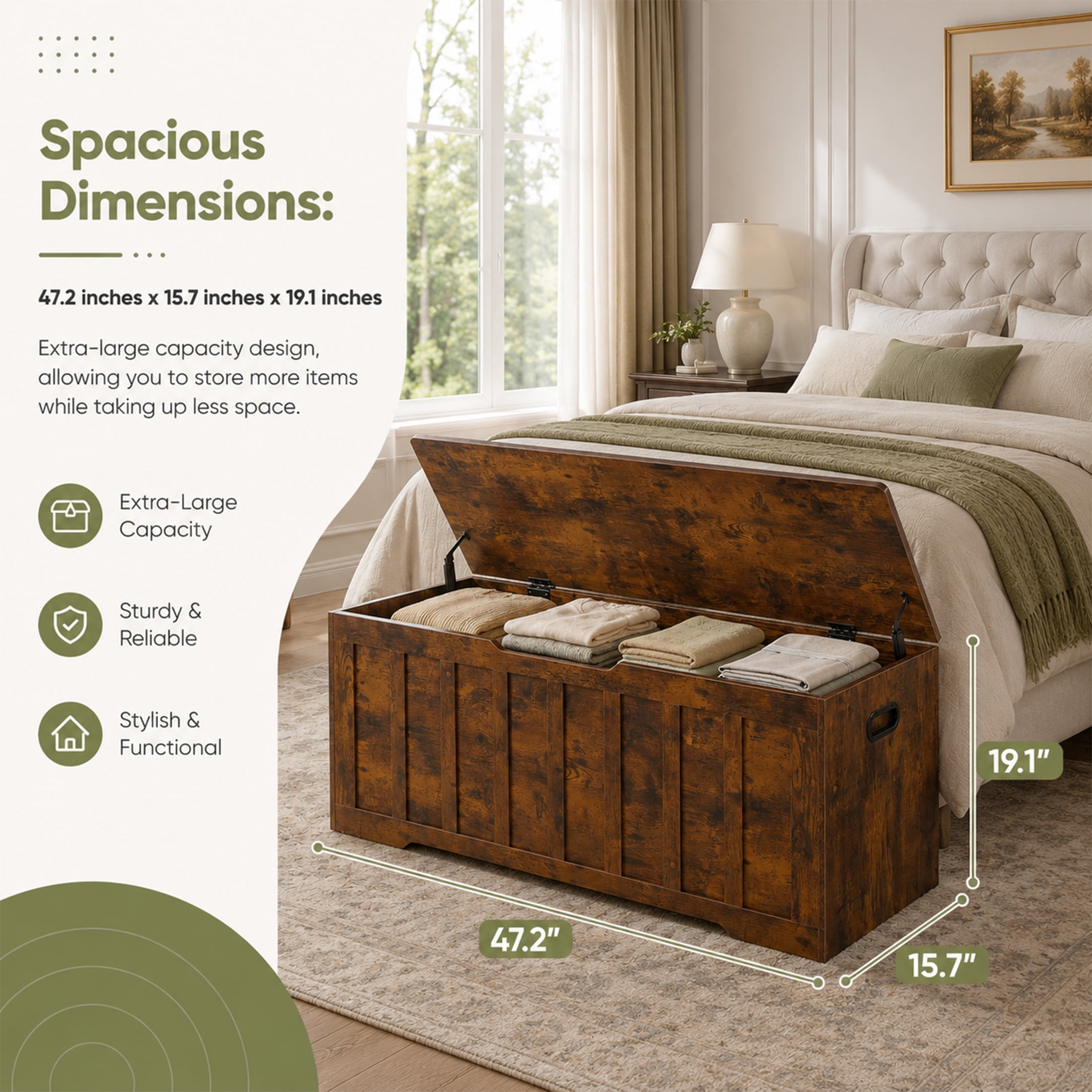 Gianna Storage Bench, Wooden Storage Cabinet with 2 Safety Hinges, Toy Chest for Living Room Bedroom, Non-Slip Bottom, Support 150lbs, Easy Assembly, 47.2"x15.7"x19.1", Rust Brown