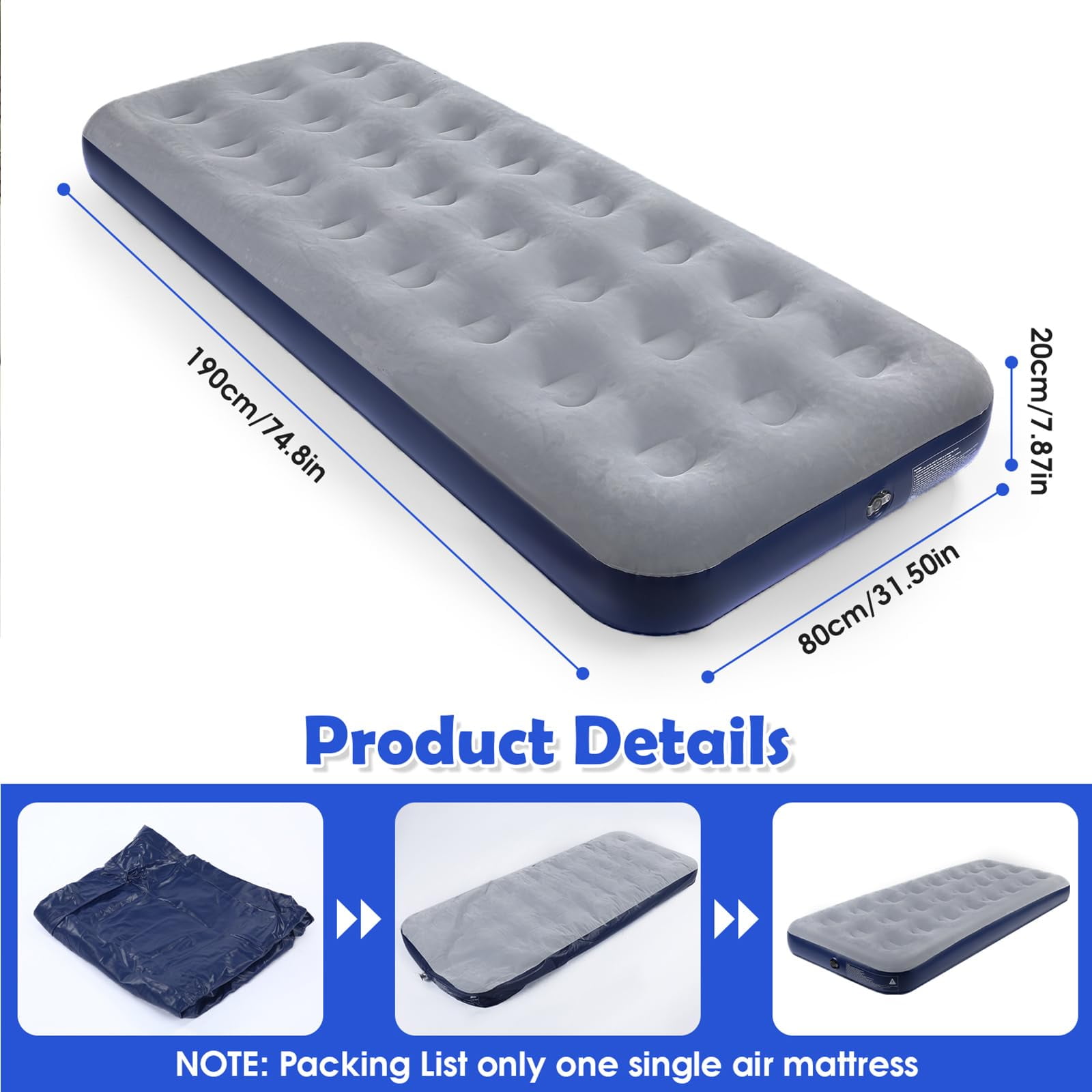 QDH Camping Air Mattress Inflatable Air Bed Flocked Surface Travel Bed Sleeping Pad Air Bed for Outdoor Camping Tent Guest Travelling