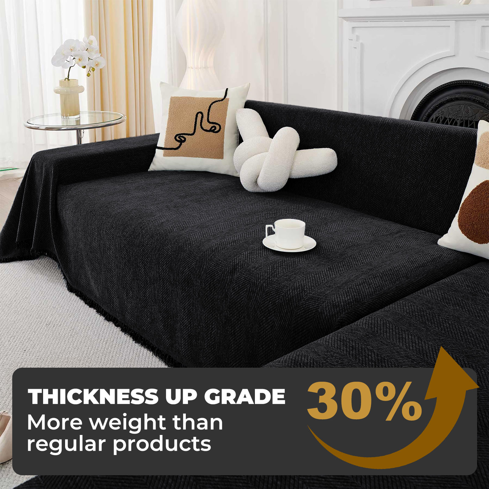 Sanmadrola Sofa Cover Non Slip Couch Cover for 3 Cushion Couch Machine Washable Furniture Protector for Dogs Pet Chenille Throw Slipcover Blanket for Living Room (Black, 71"x118")