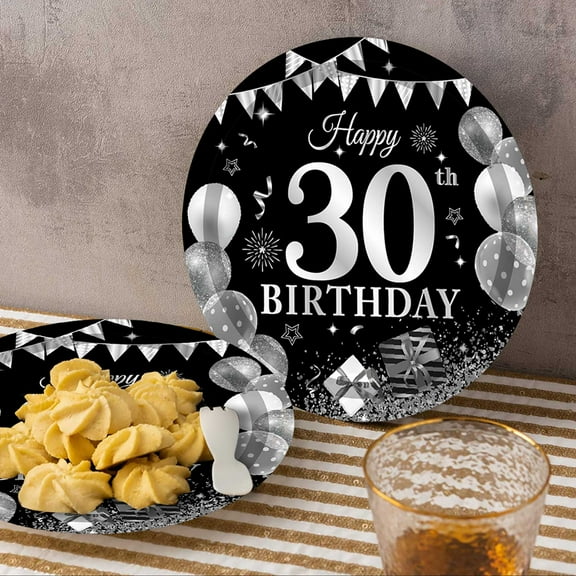 Fmbmuo Black & Silver 30th Paper Plates - 16-Pack Premium 7-inch Disposable Dinner Plates with Modern Geometric Design for Milestone Celebrations