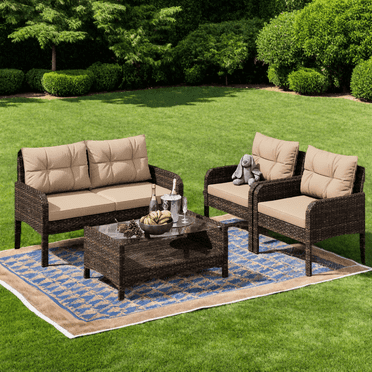 Bifanuo 4-Piece Patio Furniture Set Outdoor Rattan Wicker Sofa Set with Cushions & Coffee Table, Conversation Sofa Set with Tempered Glass Table Top and Storage Shelf