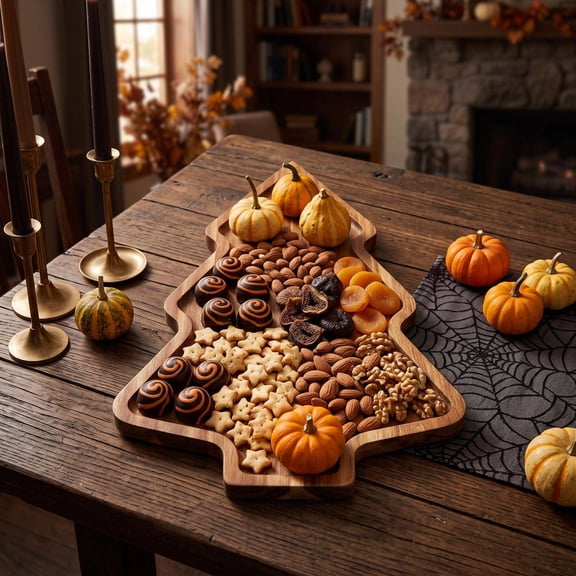 Christmas Tree Wooden Serving Tray 14x10 Inch - Holiday Snack Platter for Fruit Cake Dessert, Rustic Charcuterie Board for Party Table Decor
