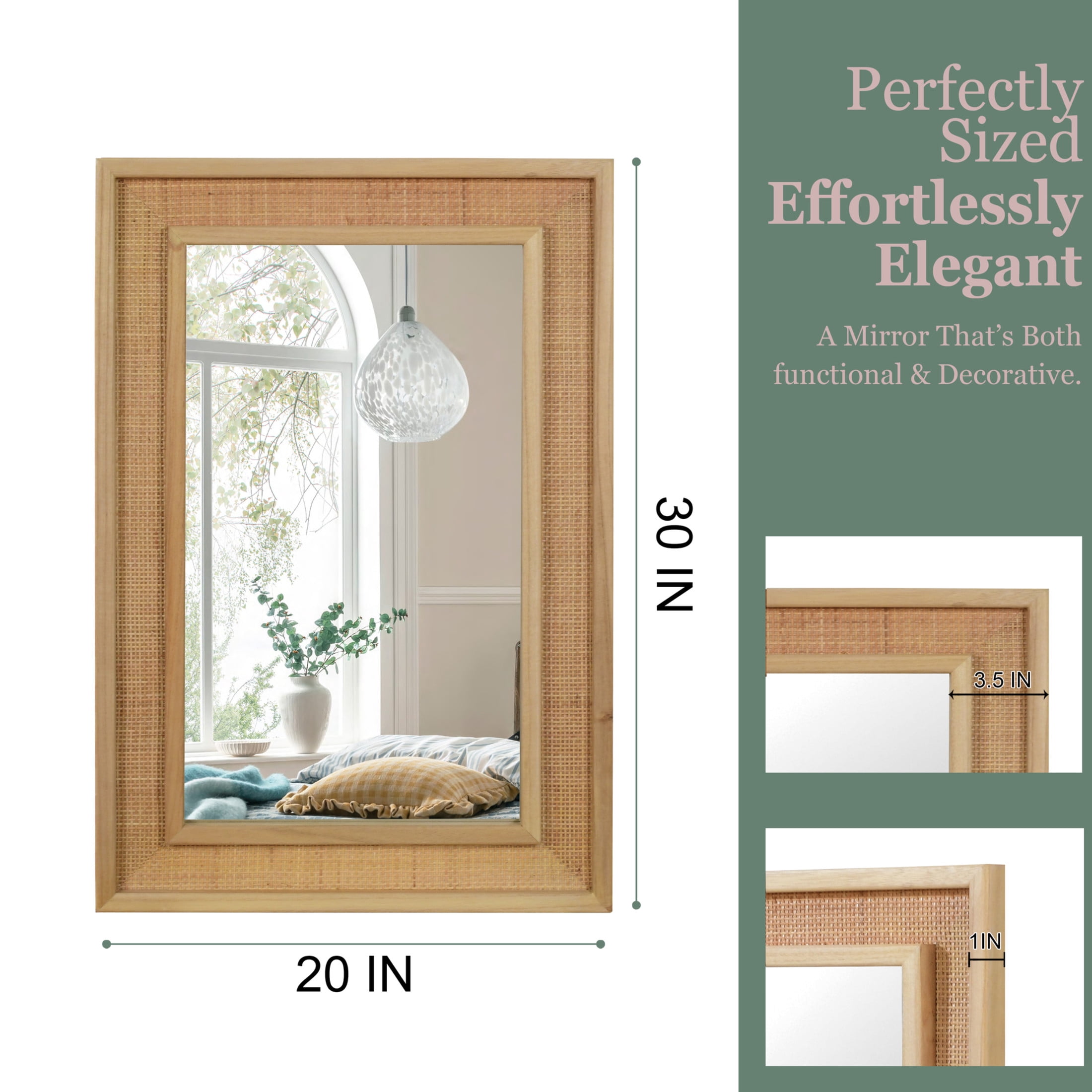 Noble House 20"x30" Rattan Rectangle Wall Mirror, Decorative Accent Bathroom Mirror with Solid Wood Frame, Natural Wood