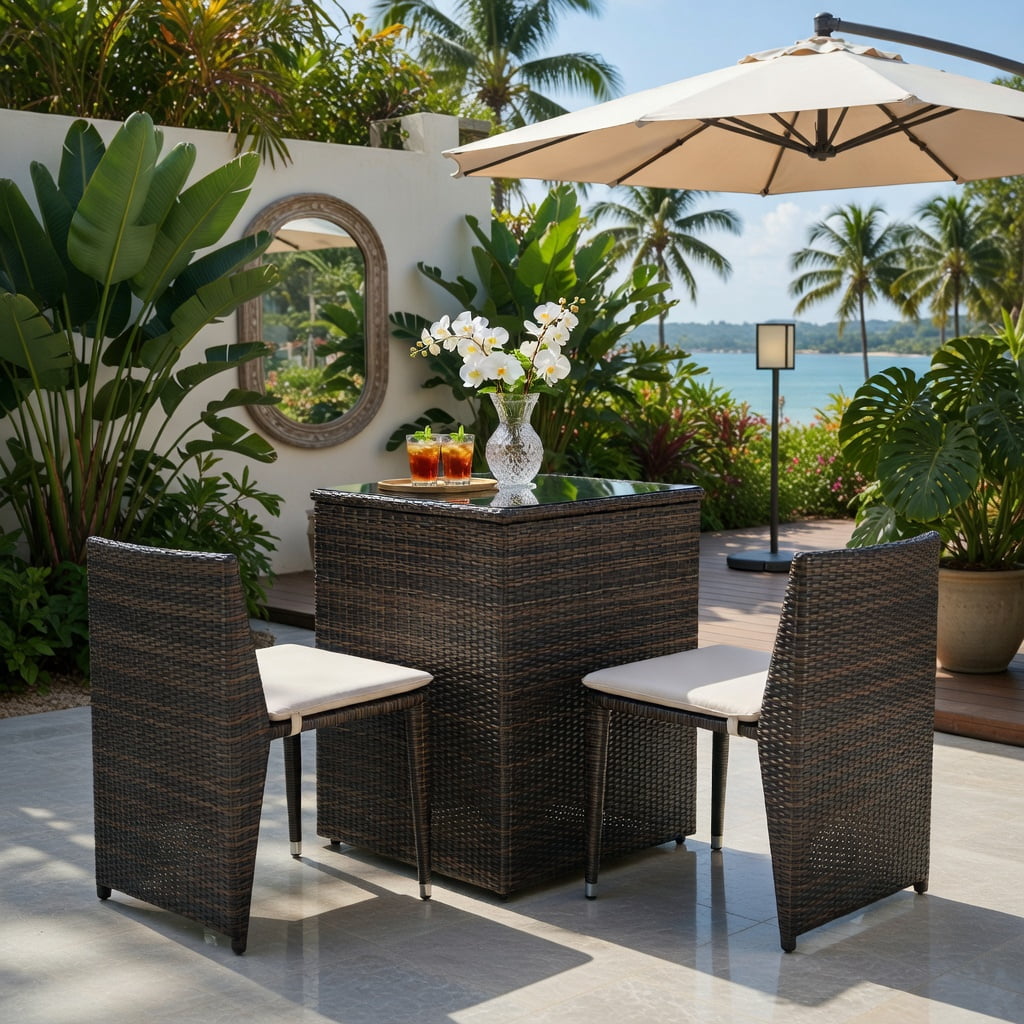 Hommoo 3-Piece Cushioned Wicker Bistro Set, PE Rattan Chairs & White Polyester Cushions, Patio, Porch, Poolside or Garden Furniture, Brown