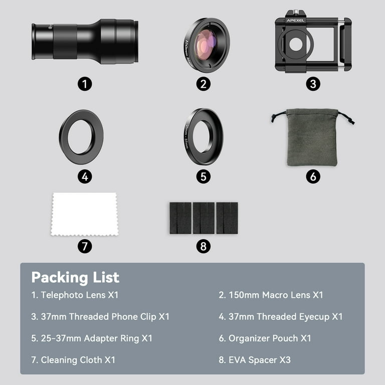 Apexel 6X Telephoto Lens & 150mm Macro Lens Kit with Universal