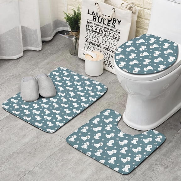 Bichon Frise and Dog Paw Print 3 Piece Bathroom Rug Set, Non Slip Absorbent Bath Mats with U-Shaped Contour Rug and Toilet Lid Cover
